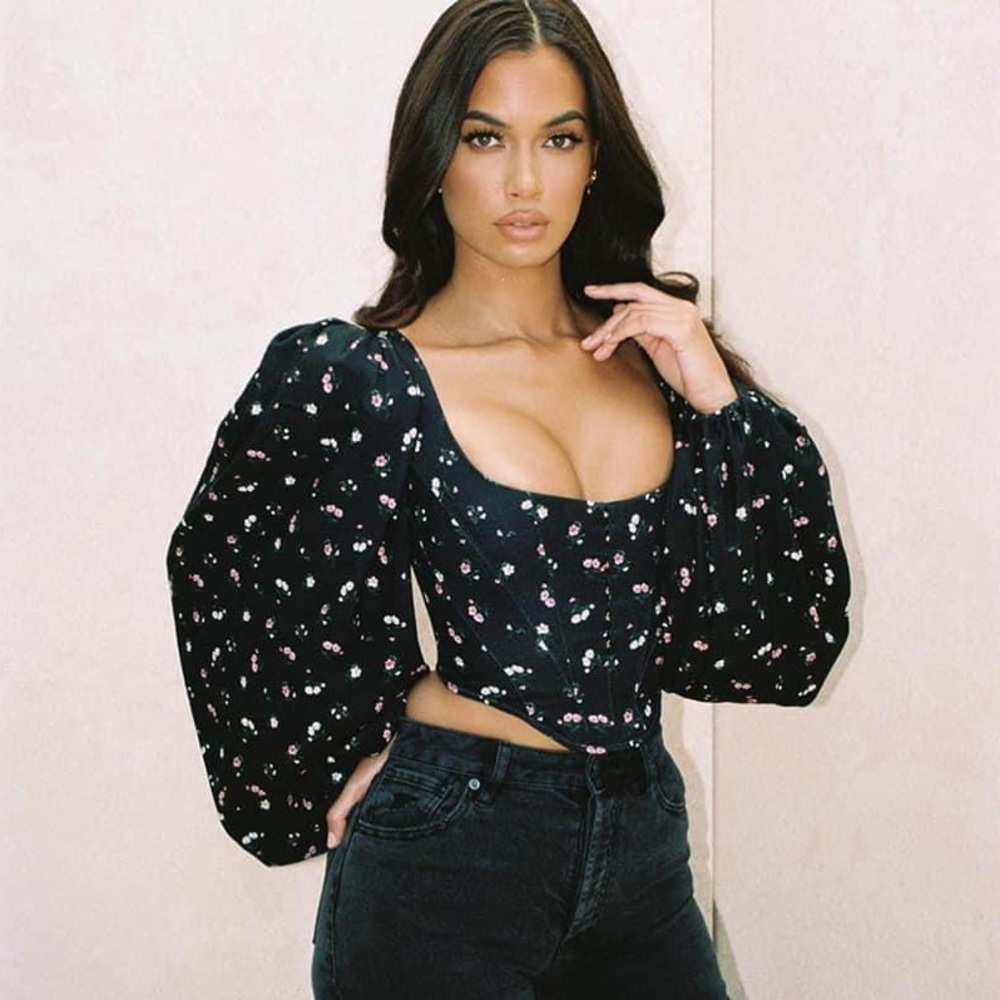 HOUSE OF CB/ Jouca Black Pink Floral Corset Bustier Puff Sleeve Crop HookEye Top